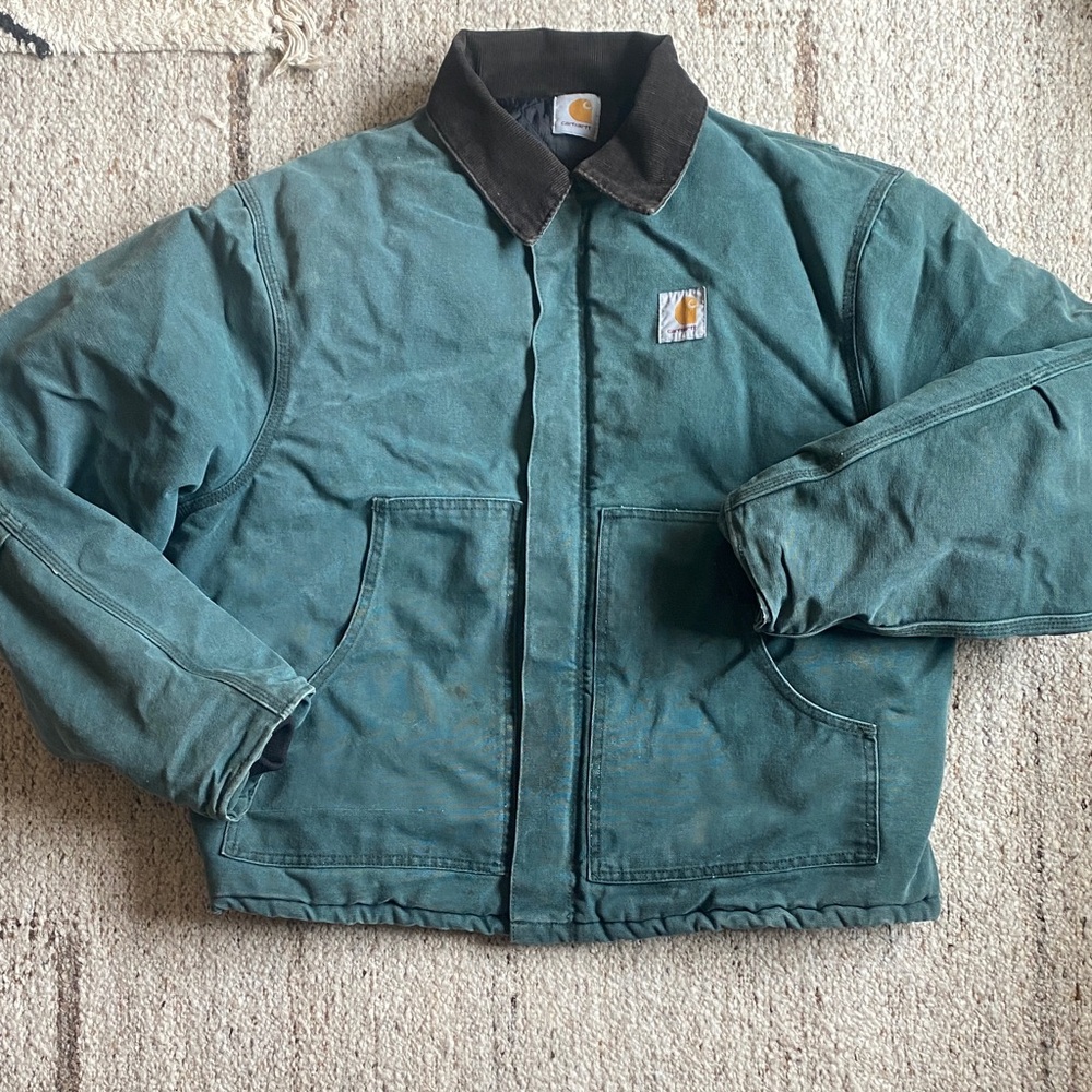 🍒V I N T A G E Carhartt Teal Duck Work Jacket with Dark Corduroy Collar R A R E